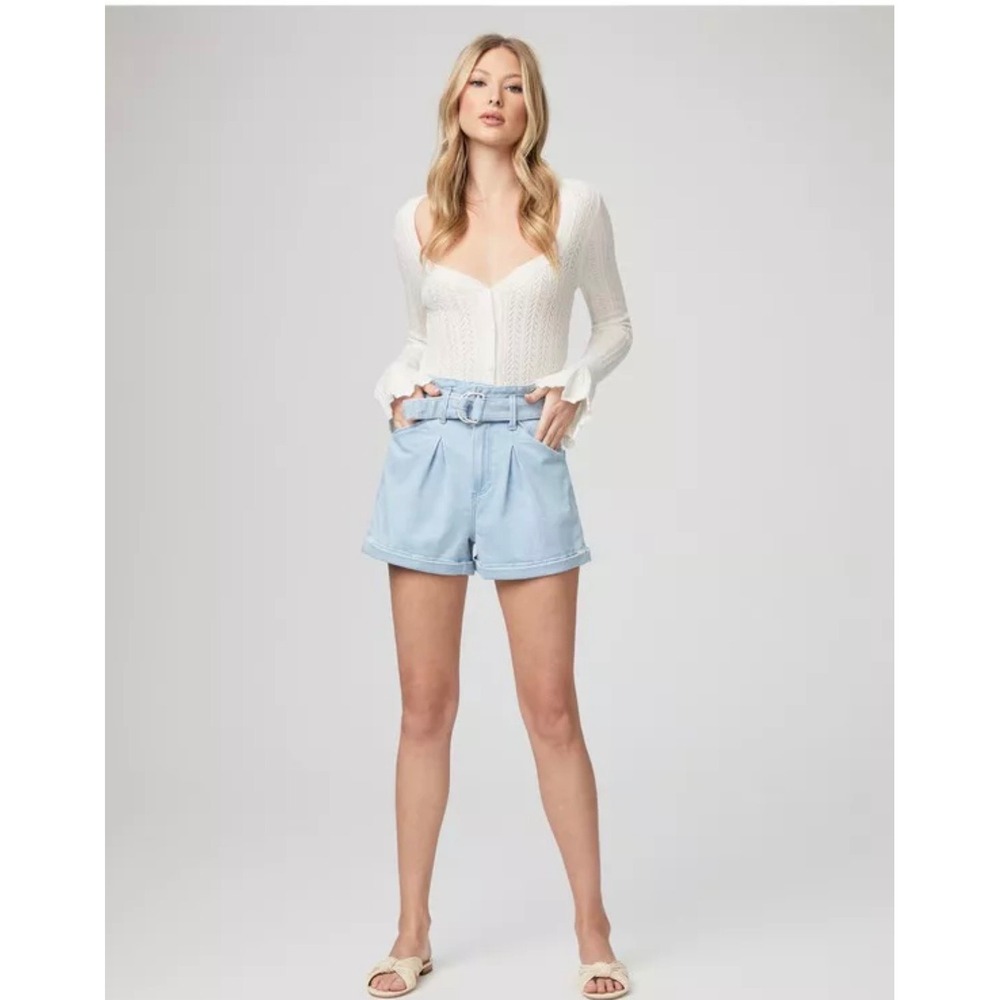 PAIGE Women 28 Pleated Carly Short Kokomo Belted Waist Denim Shorts Cuffed
